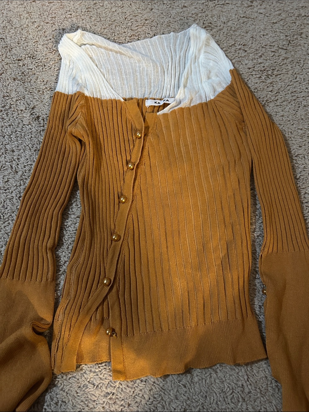 Two-Tone Ribbed Button-Front Sweater - Mustard & Cream